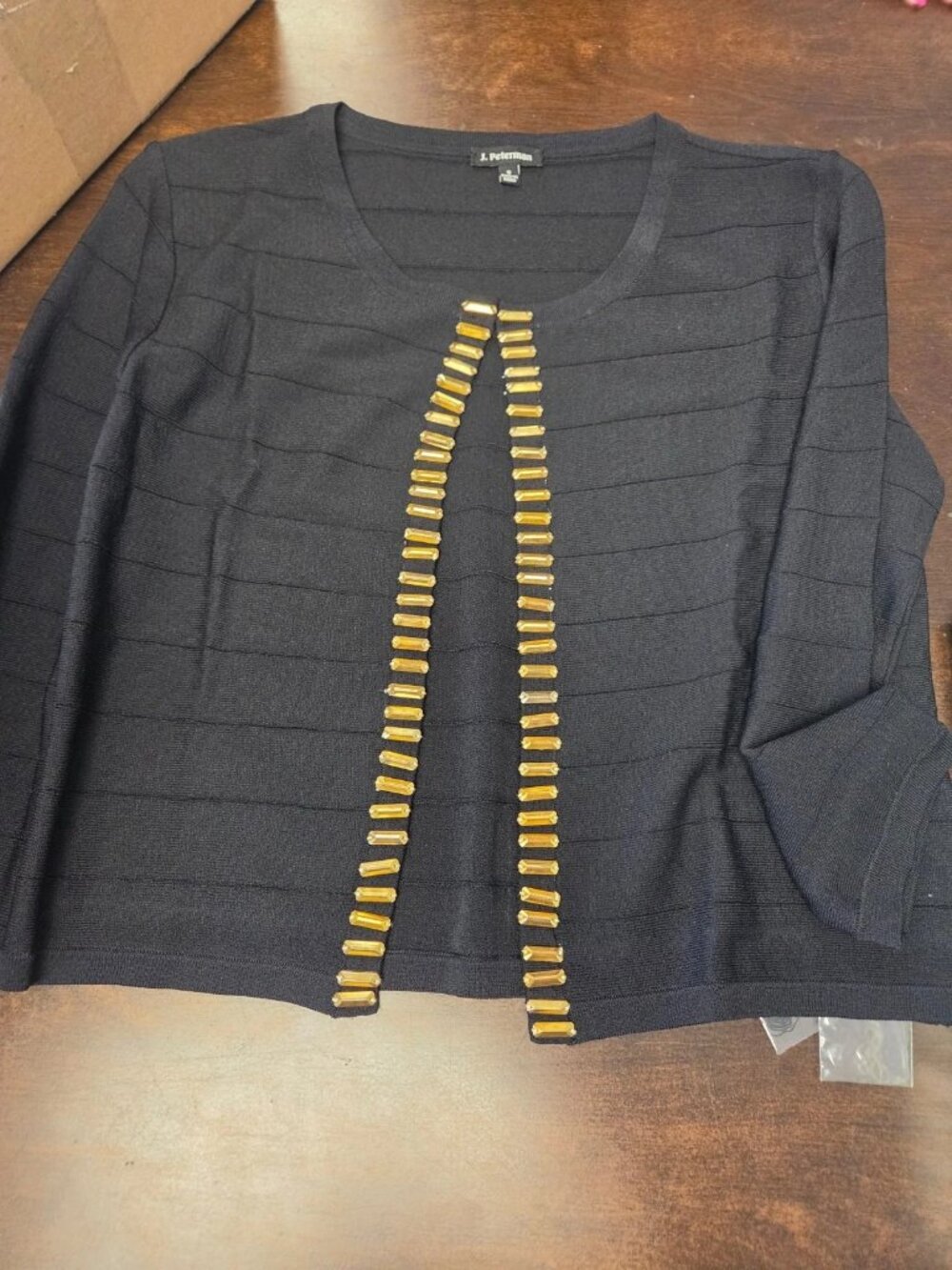 Y2K J. Peterman black gold open-front vintage cardigan sweater ribbed knit #0211